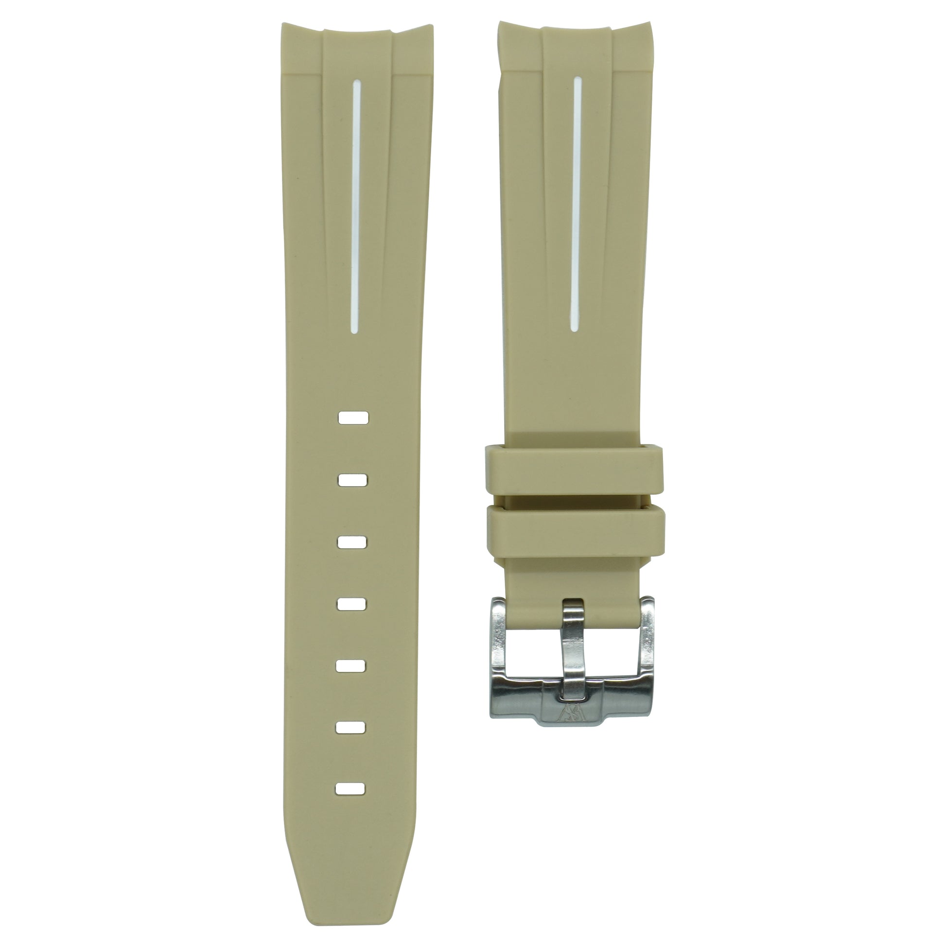 Curved Rubber Strap - Khaki & White Stripe - Watch Snob